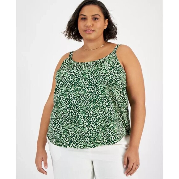 Bar III Tops - Bar III Plus Size Printed Cowlneck Camisole Top, Bar White/Green, 1X
